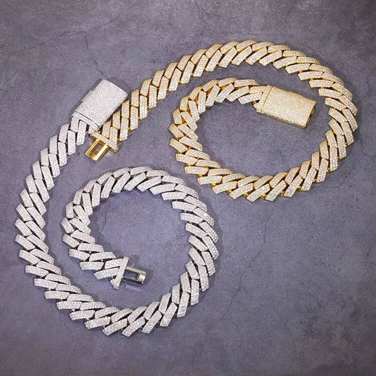 Hot Sale Heavy Cuban Chain 3rows 15mm 20mm Width 925 Solid Silver Moissanite Cuban Link Chain Mans Hip Hop Necklace