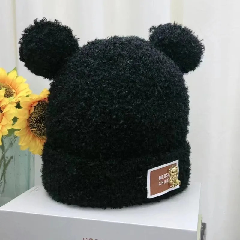 Winter Bear Plush Knitted Hat for Women Cute Furry Ear Beanie Non Elastic Fisherman Style Warm Soft Headwear for Cold Weather 250806