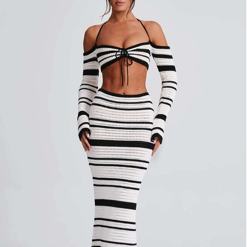 New Style Hot Girl Women's Outfit Summer Striped Long Sleeve Halter Top And Skirt Two-Piece Set For Women B5 h7