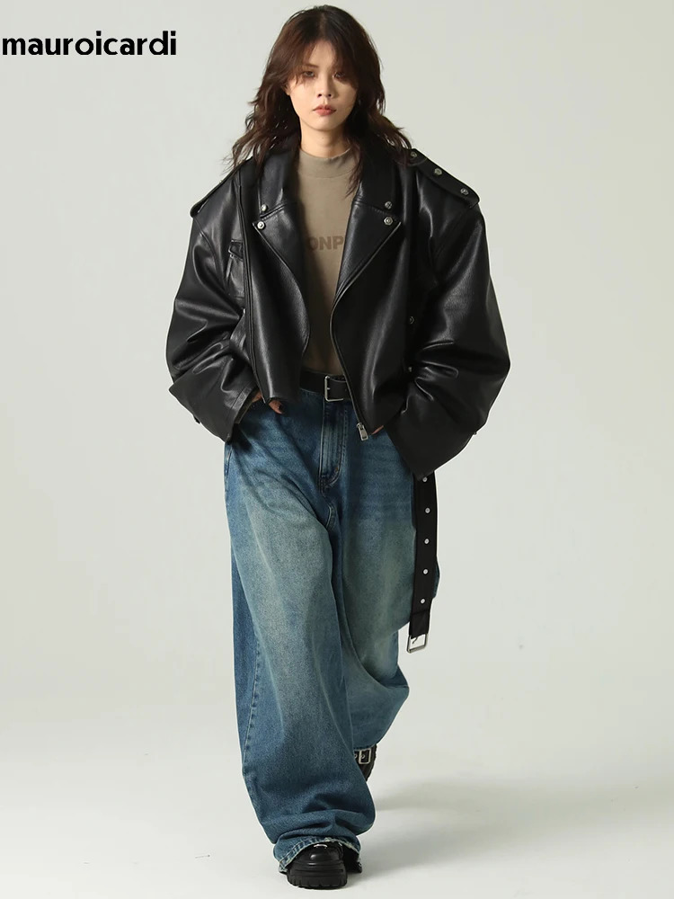 Mauroicardi Spring Autumn Cool Short Oversized Black Pu Leather Biker Jacket Men Long Sleeve er Unisex Clothes 250805