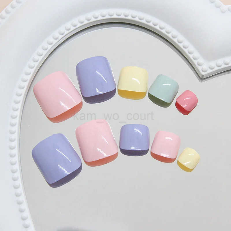 24pcs Summer Color False Toenails Purple Pink Sweet Korean Fake Toe Nails Wearable Detachable Square Head Press-on Toenails M250807