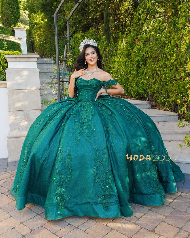 Emerald Green Sparkly Princess Quinceanera Dresses Off Shoulder Floral Applique Gillter Corset vestidos de 15 anos customsized