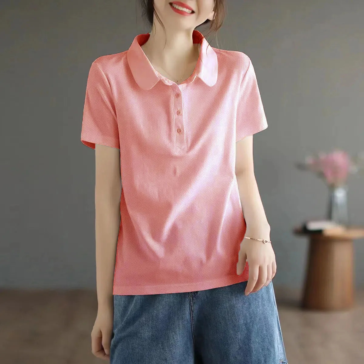 summer polo tshirt shortsleeved threecolor trend basic ladies button casual office formal blouse 2024 250729