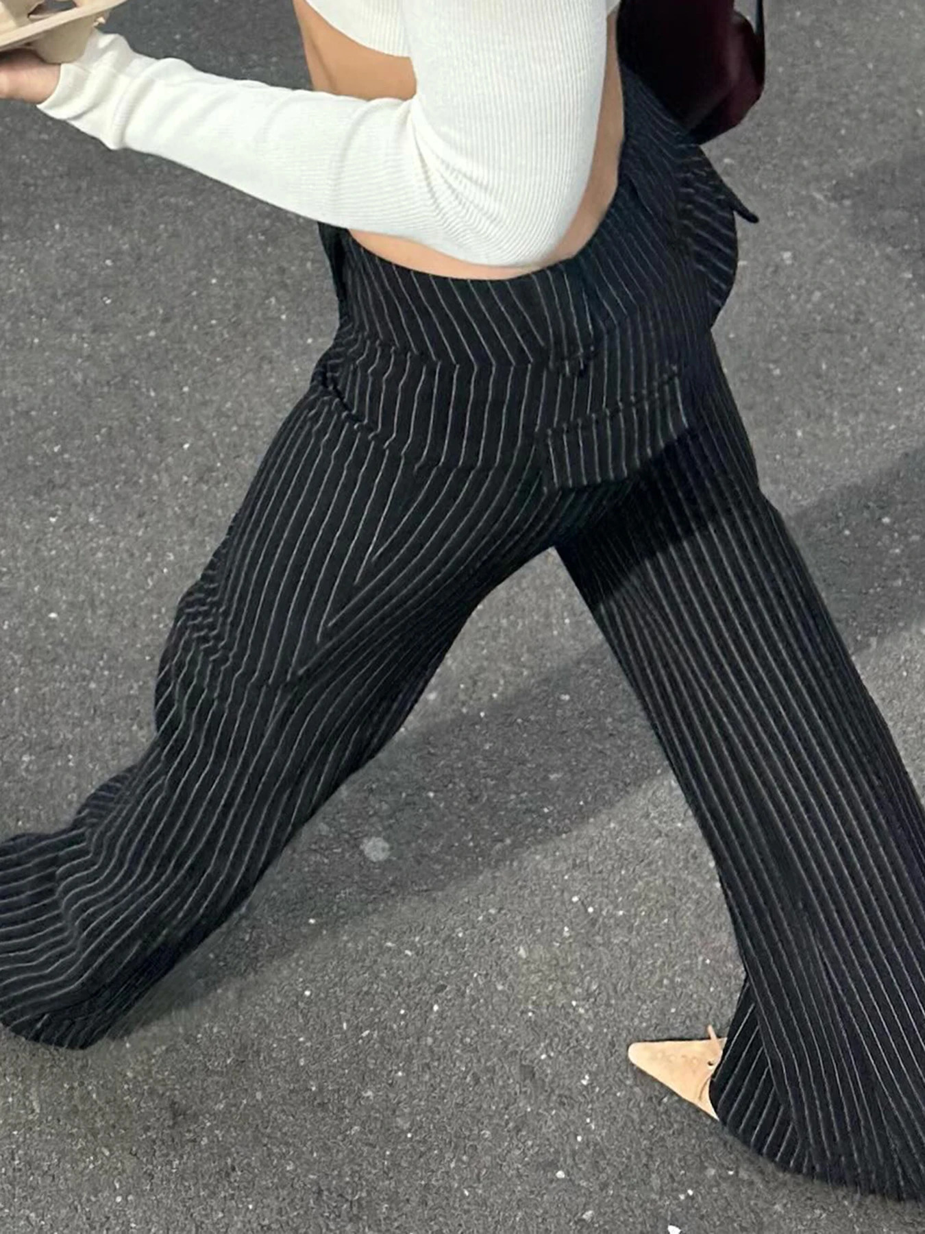 IAMSURE Casual Slim Striped Flare Pants Y2K Sexy Basic Low-Waisted Pants Women 2025 Spring Autumn Streetwear Elegant Fashion 250806