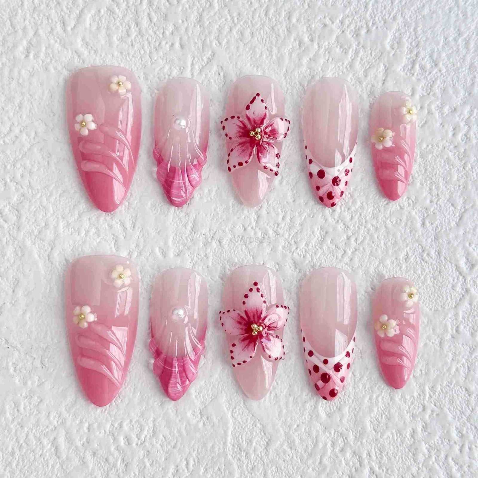 10pcs French Almond Press on Nails Flower False Nails Wearable Stick-on Nails Fake Nail Uas Postizas Mujer False Nails Nail Tips Z250807