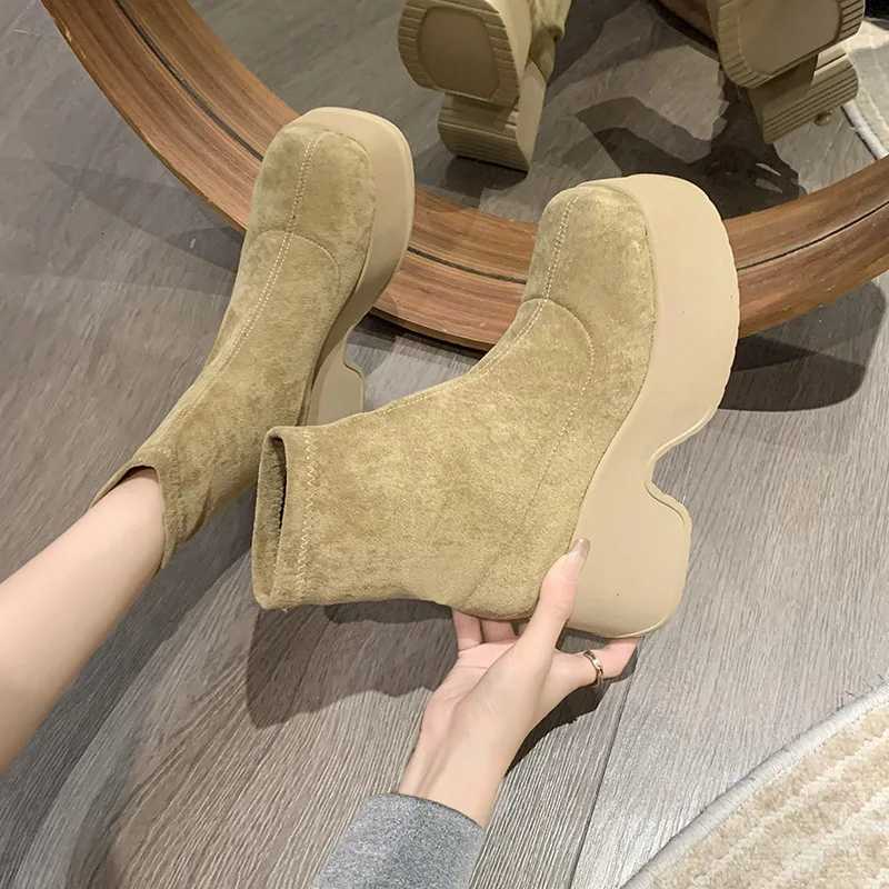Womens Platform Boots Spring Autumn Suede Fi Ankle Boots Elastic Slip Women Shoes Casual Solid Chunky High Heel Ankle Boots XJ250807