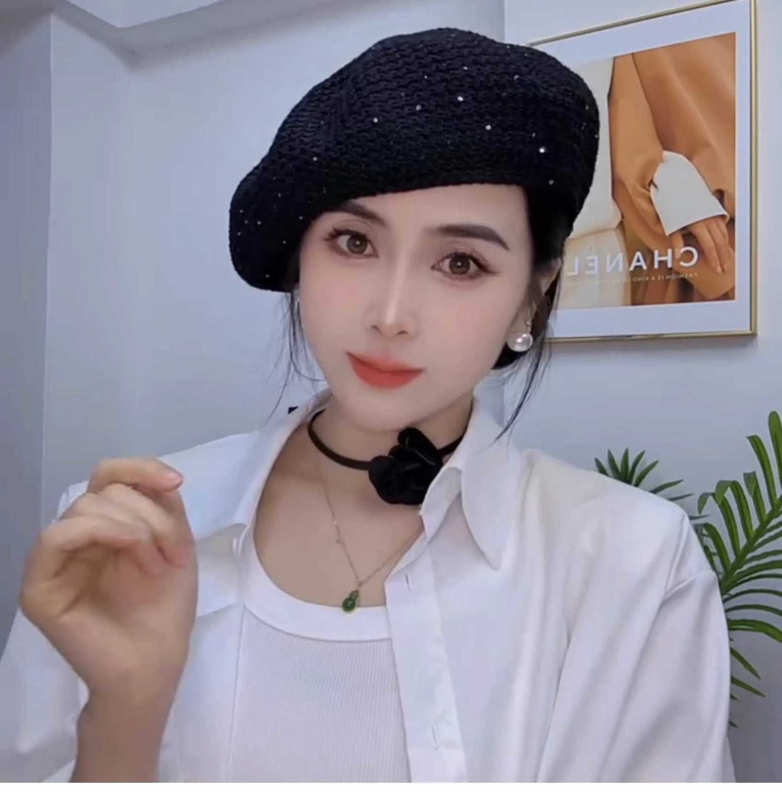 Womens French Hollow Sequined Beret Spring Summer Outfit Accessory Thin Breathable Eye-Catching Small Artist Hat Versatile Fashion XJ250807