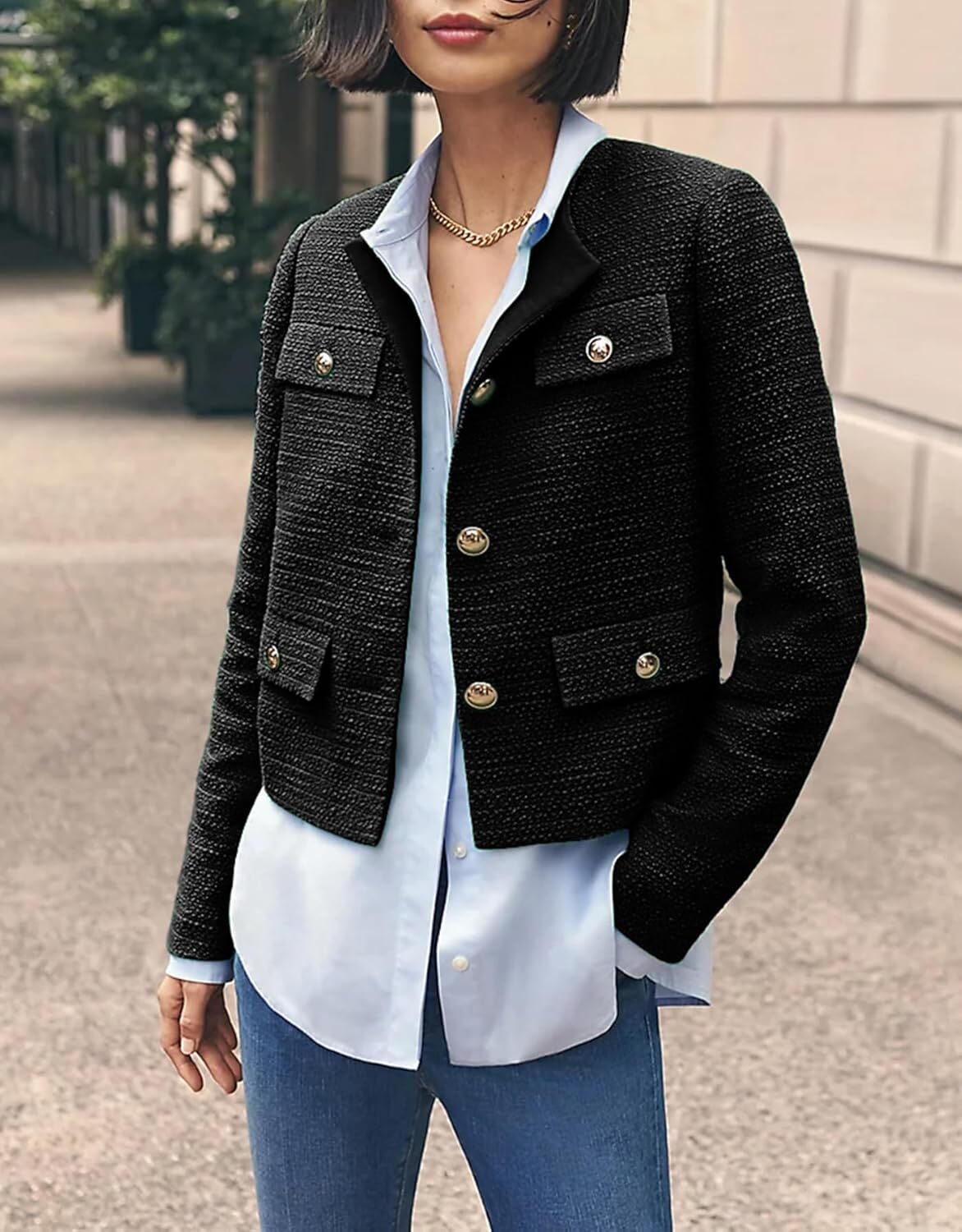 Cropped Tweed Blazer Jackets for Women Elegant Slim Collarless Business Casual Outfits