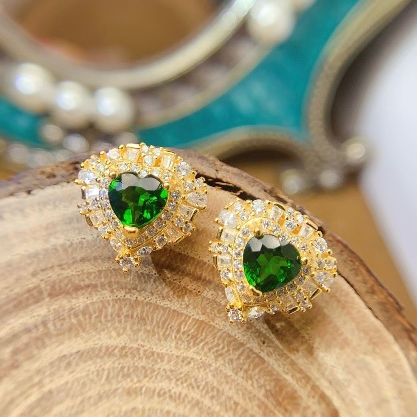 Forest green diopside stud earrings 6mm heart shape natural diopside jewelry allergy free 925 silver earrings for wedding