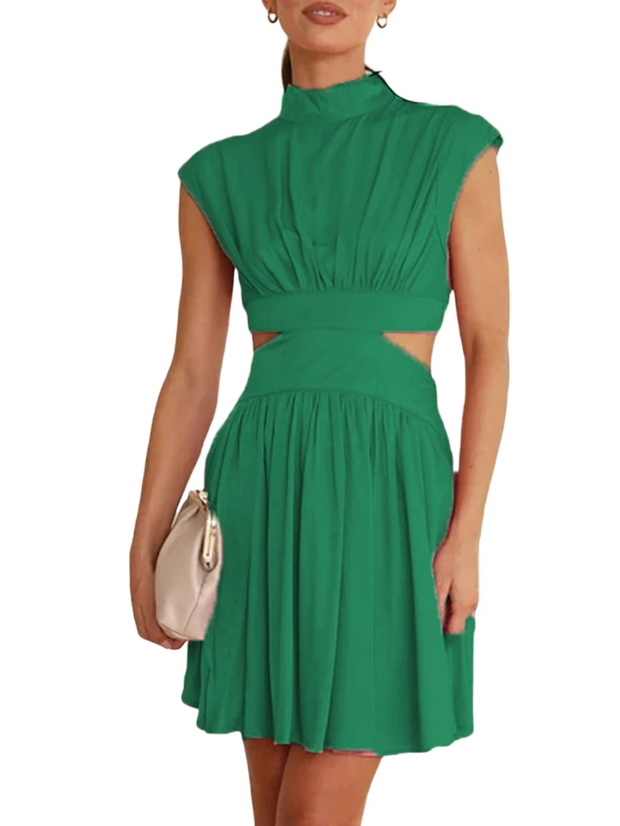 Women Summer Casual Dress Stand Collar Solid Color Cutout Pleated Party Beach Streetwear 250807