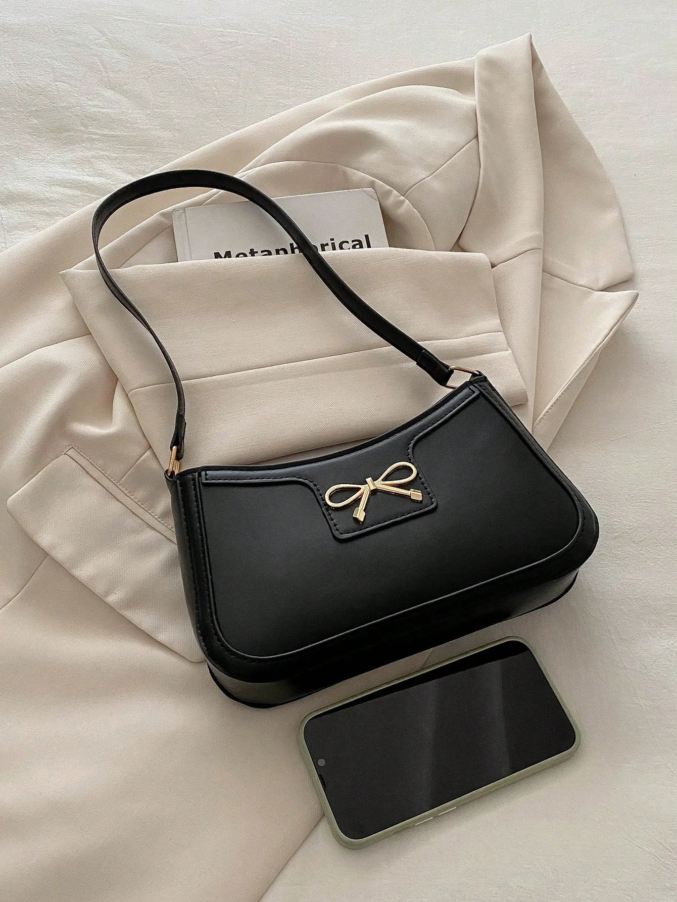 Women Handbag AutumnWinter Commuting Shoulder Under-Arm Bag Korean Fashion Crossbody Bag with Bow Decoration 250807