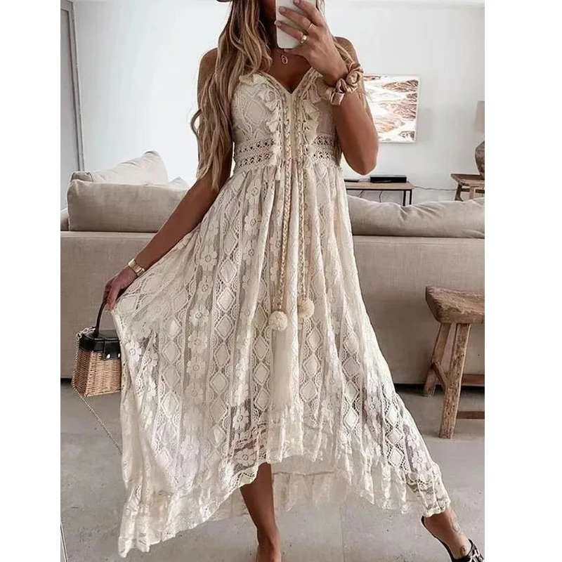 Summer Lace Sling Big Swing Solid Color Long Skirt Dress Spring Vneck Sleeveless Beach Dresses Casual Chain Link 250807