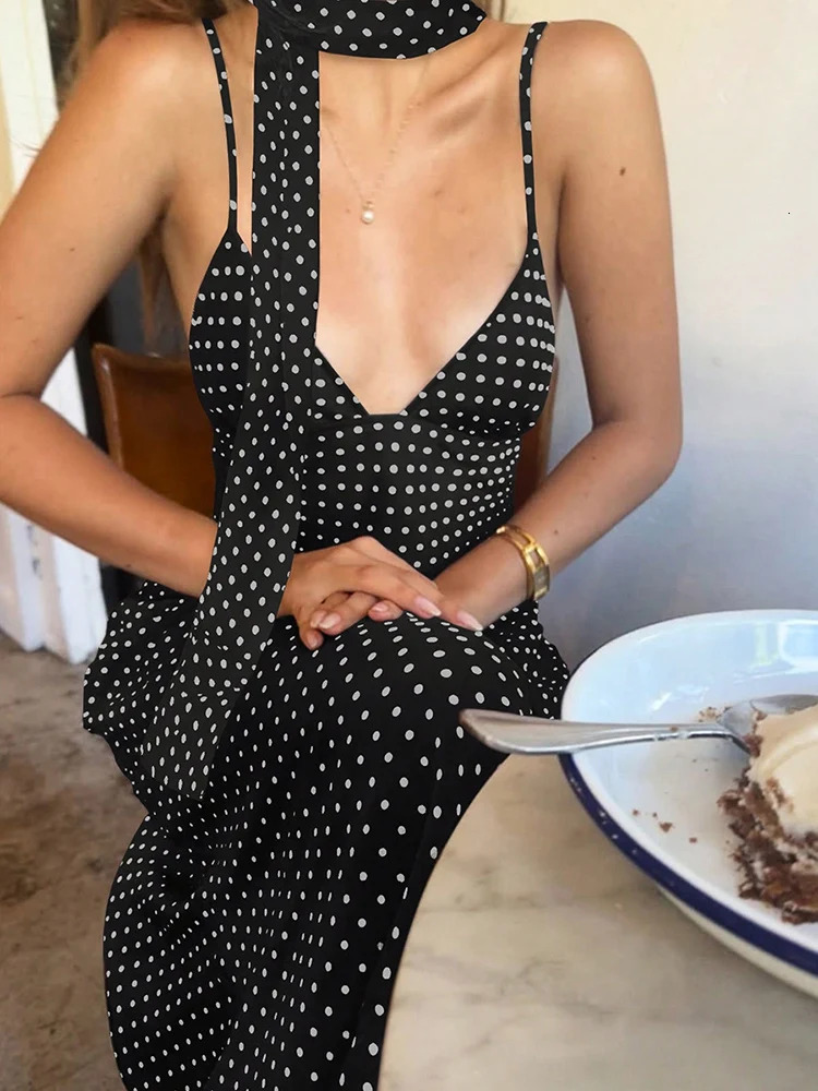 Tuularose Black Polka Dot Dress Sexy Deep V Backless Spaghetti Strap Scarf Ribbon Summer Vacation Party Womens Long 250807
