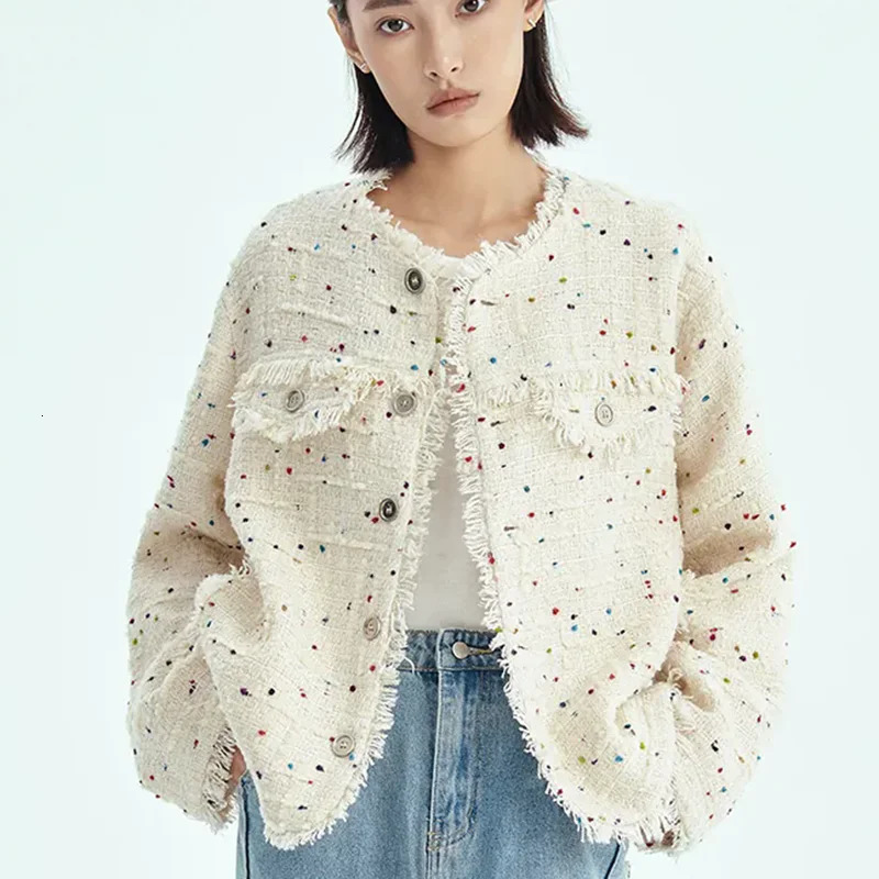 Chic n Tweed Oneck Jackets Tops Korean Fashion Loose Single Breasted Coats Women Casual Vintage Long Sleeve Abrigos Blusas 250807