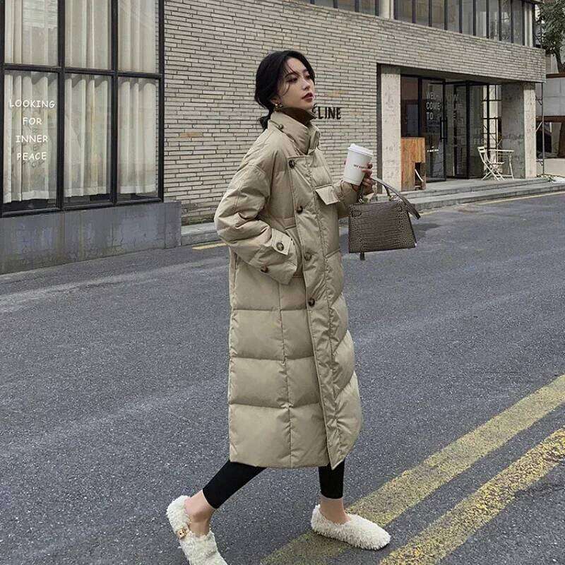 Designer Clothing 2025 Stand Collar Windproof Coats Winter Women Buttons Big Pockets Long Parka Thickened Warmer Cotton Korean Puffer Jacket