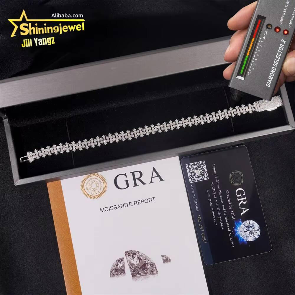 Cross Moissanite Cuban Bracelet Ready Stock Hip Hop Rock Moissanite 925 Silver Religious Jewelry Diamond Cuban Link Chain