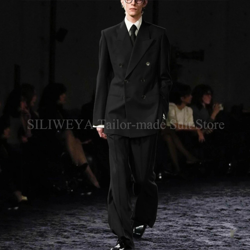 Smart Causal Grey Suit For Men Double Breasted Lapel Loose 2 Piece Jacket Pants Office Daily Prom Terno Masculinos Completo 250807