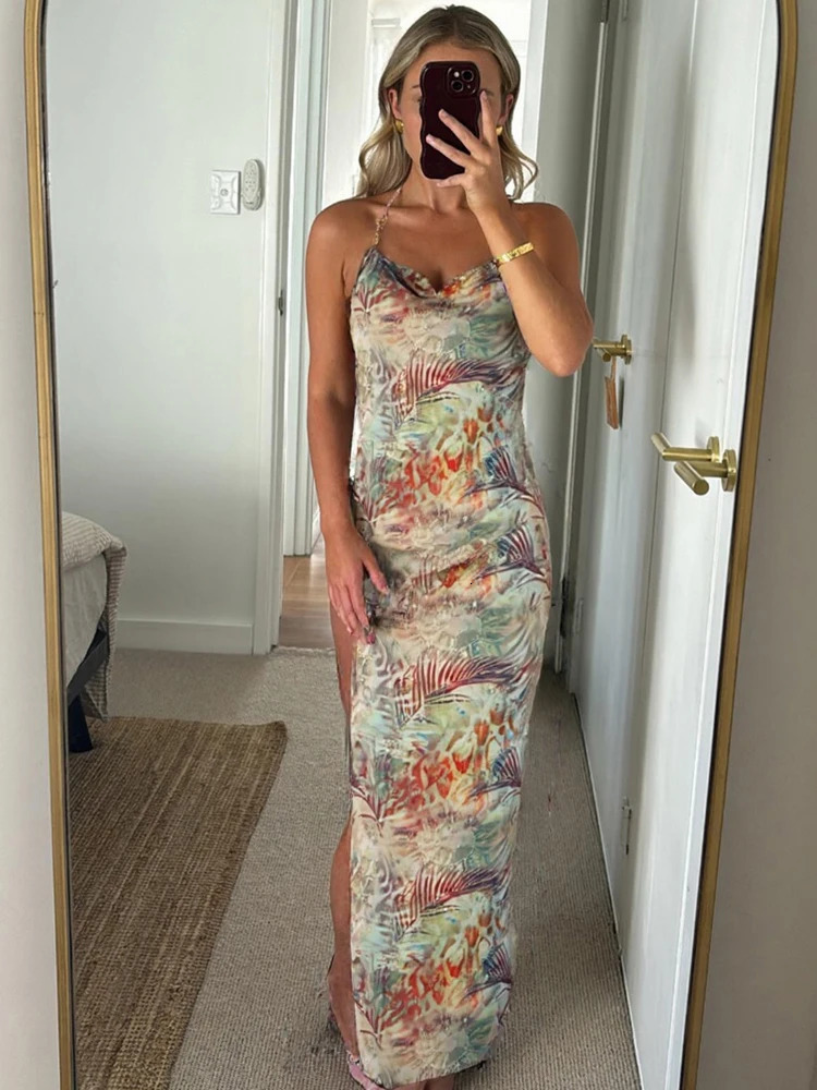 kliou Floral Print Women Dress Vacation Beach Style Suspendency Backless Halter Split Thin Vestidos Female Trend Attractive Wear 250806