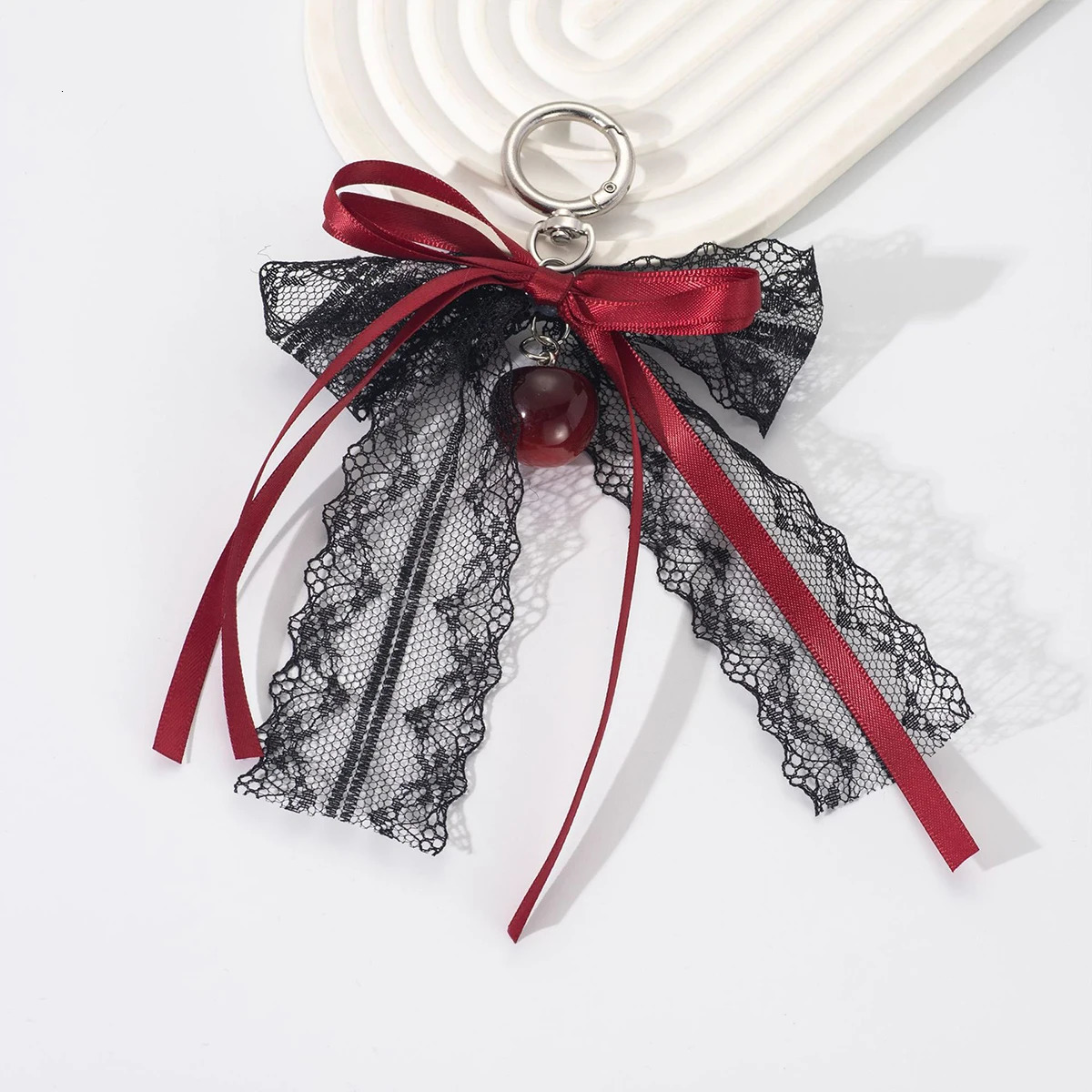 Lace bow Keychain Hollow Red Ribbon Cherry Y2k Fashion Charm Delicate Backpack Key Chain Valentines Day Gift Accessories 250807
