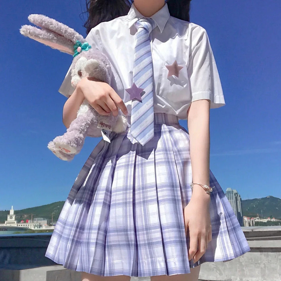 Starlight LongShort sleeve Summer High Waist Plaid Pleated Skirt Dress JK School Uniform Students Girls Clothes 250729