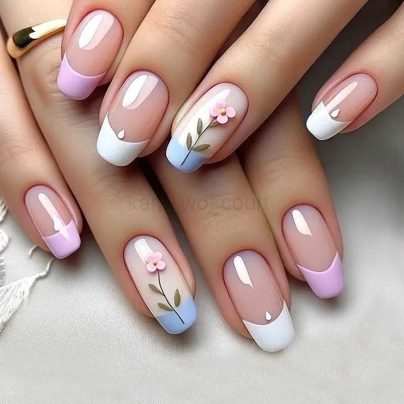 24Pcs Sweet Floral Short Square False Nails with Glue Solid Color Press on Acrylic Nails Simple French Full Cover Fake Nail Tips M250807