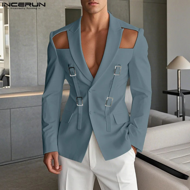 INCERUN Tops 2025 American Style Fashion Men Hollow Button n Suit Coat Casual Streetwear Solid Long Sleeved Lace Up Blazers 250807