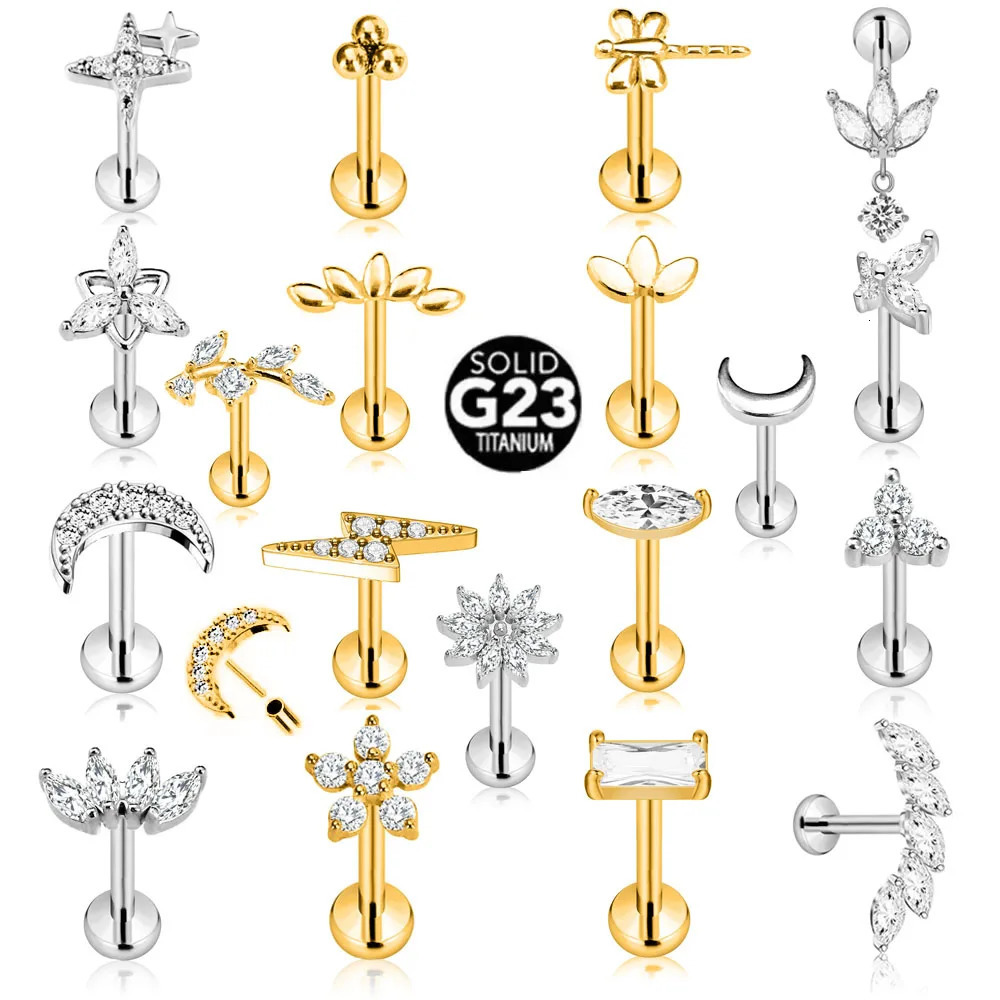 ASTM 36 G23 Flower Moon Butterfly Threadless Piercing Lightning Pin Push in Lip Stud Daith Conch Earring 16G 18G 20G 250805