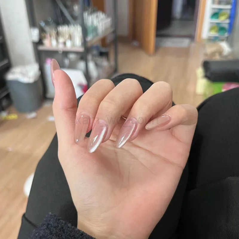 24Pcs Metallic Cat Eye French Sheer Manicure Tip Art Textured 3D Acrylic False Nails Nude Pink Almond Medium Press-on Fake Nails M250807