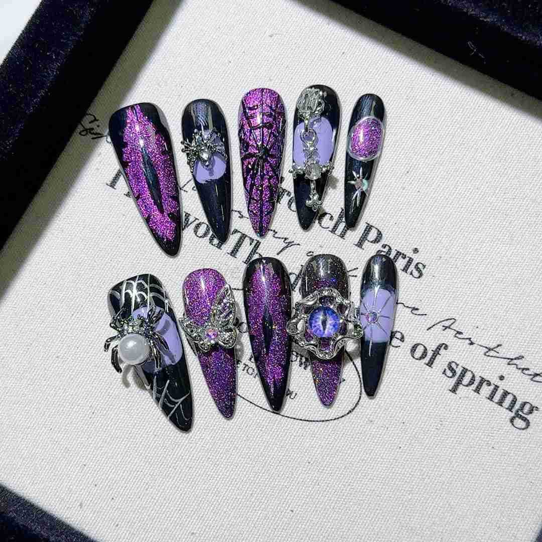 10pcs Halloween Handmade Press-on Nails European Heavy Metal 3D Fake Nails Wearable Detachable Spice Girls False Nails Z250807