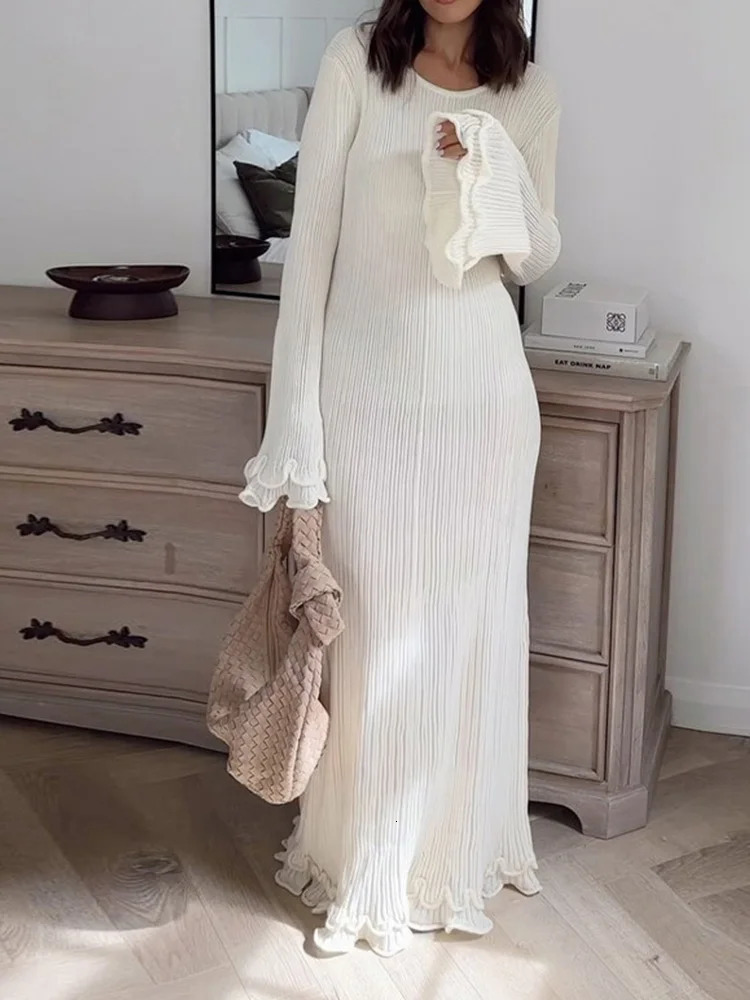 DFCF Causal Office Woman Elegant Buttons V Neck Knitted Maxi Dresses 2025 Fashion Long Sleeved Ruffles Pleasted Slim Dress 250728