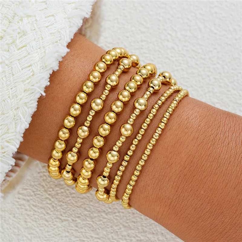 6 pcs/set Gold Color Beaded Bracelets for Women Punk Vintage Jewelry Stretch Bracelets for Women W250807