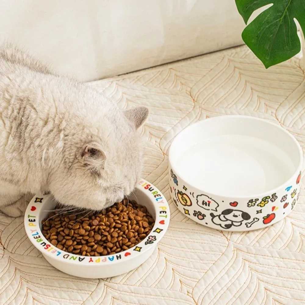 Anti-Tip Design Ceramic Cat Bowl Cartoon High Temperature Resistance Dog Drinking Water Bowl Cervical Protection Cat Food Bowl Y250806