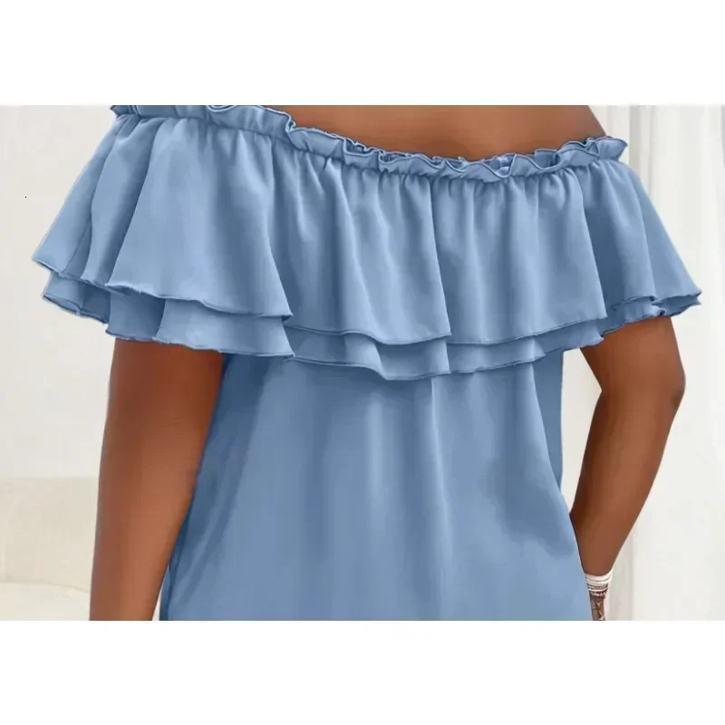 Womens Plus Size 1XL5XL Summer Casual Temperament Solid Color Ladies Fashion Short Sleeve Shirt One Shoulder Bow Top 250807