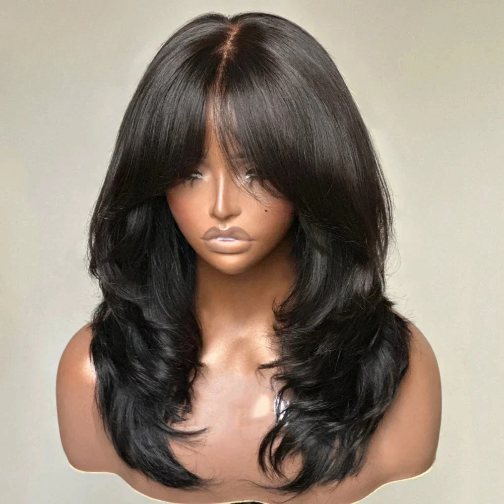 Wear And Go Wig With Layered Bang Glueless Ready To Wear 360 Full lace Human Hair Wigs For Women 13x4 Lace Closure Wig Synthetic
