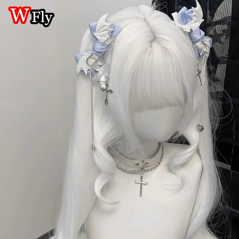 Womens Harajuku Steampunk Handmade Headwear Subculture Chain Cross Edge Clip Headpiecee Blue Girls Lolita Y2K Gothic Hairpins 250730