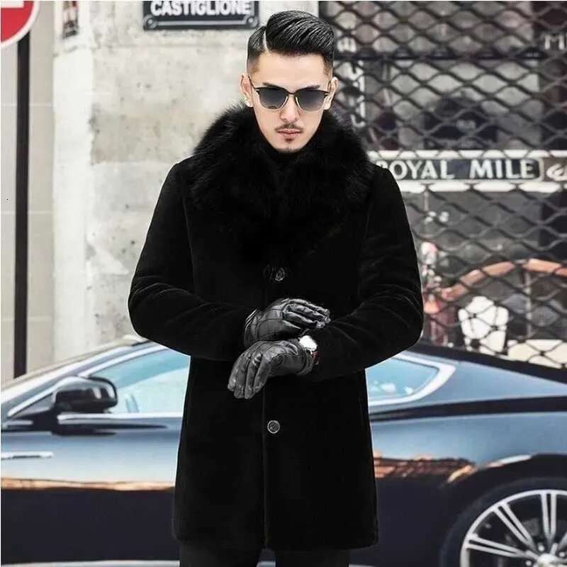 Men's Winter Faux Fur Collar Mens Veet Thick Warm Fluffy Coat Long Sleeve Casual Black Windbreaker Artificial Mink
