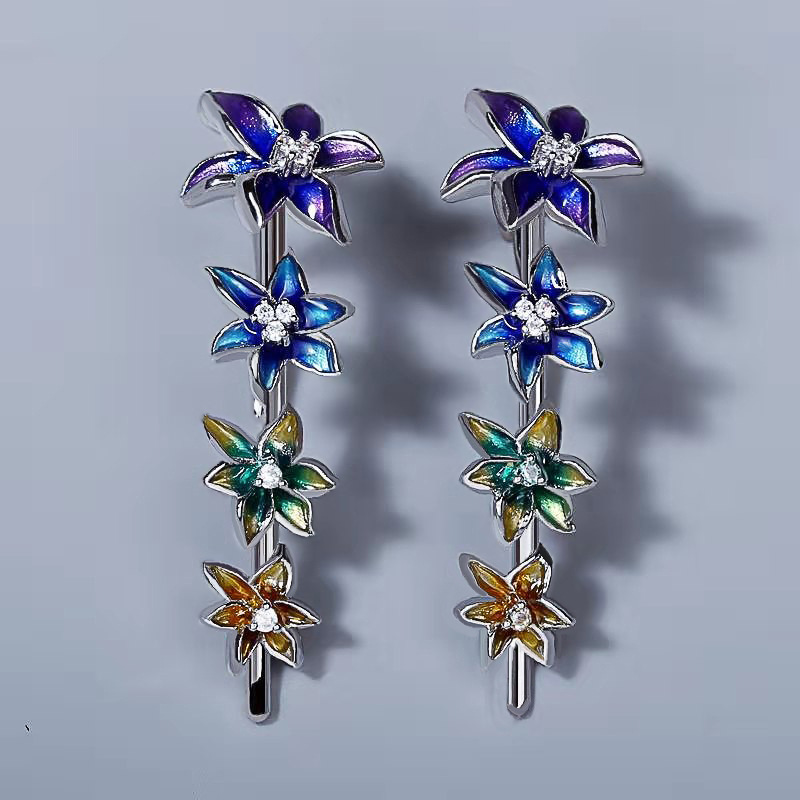 Silver Tone Gradient Enamel Flower Linear Drop Earrings With CZ Accents Artistic And Colorful Outfit Accessory Gift For Her Exquisite And Eye-Catching