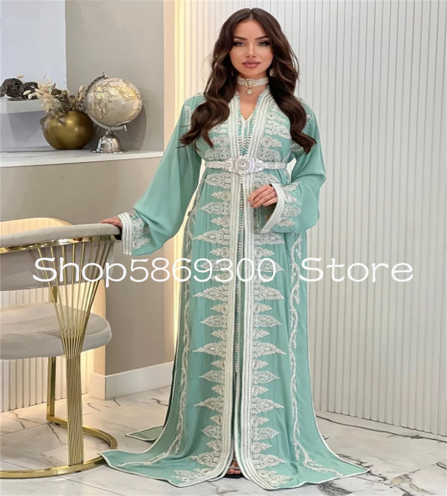 mint Caftan Moroccan Evening Dresses Long Sleeve Islamic Arabic Abaya Prom Dress Appliques Formal Party Customized