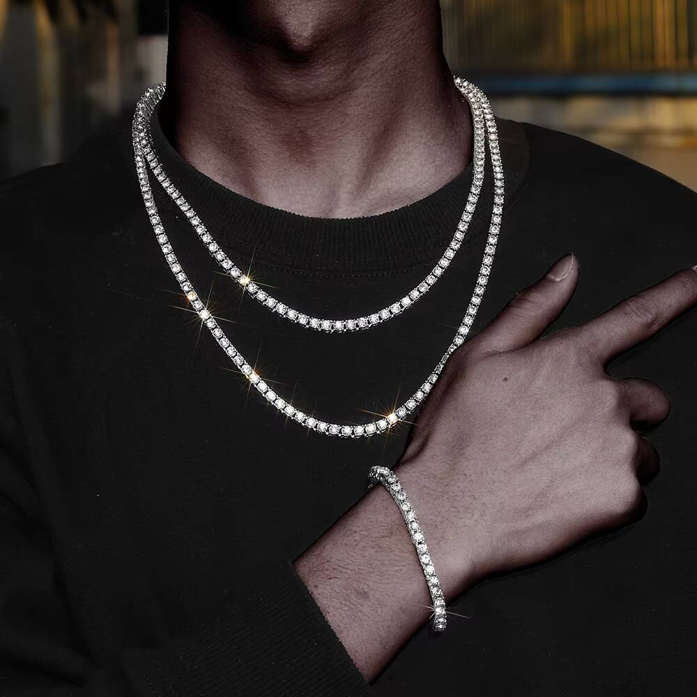 RINNTIN SC47 925 Solid Sterling Silver Tennis Necklace for Women 3mm Round Moissanite Tennis Neck