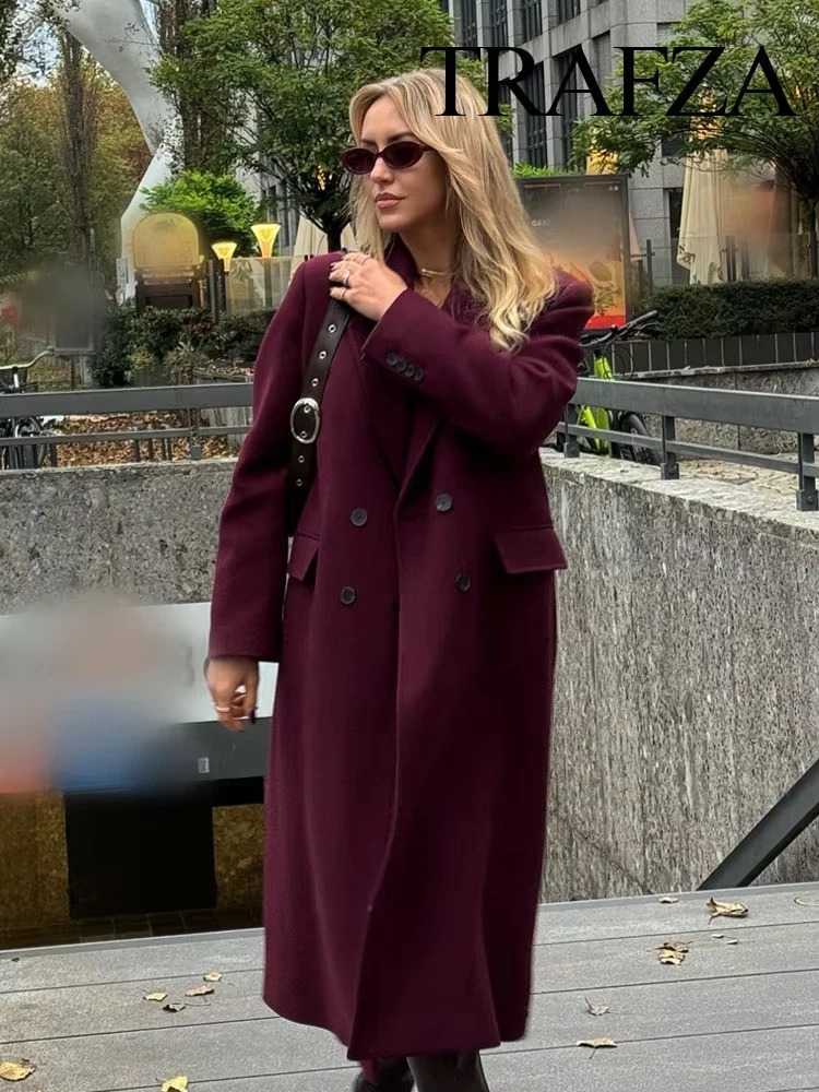 TRAFZA Autumn Winter Female Fashion Casual Woolen Long Coat Woman Turn-Down Collar Long Sleeves Pockets Double Breasted Coat 250805