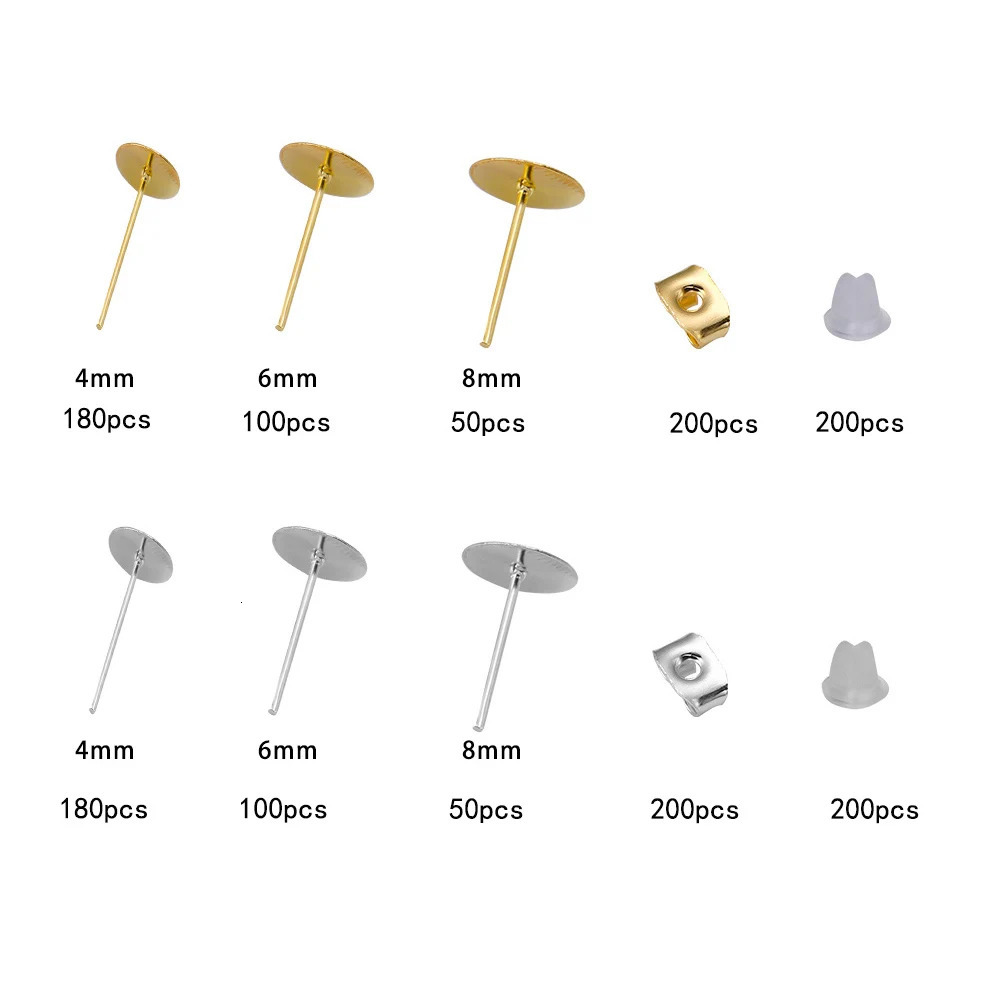 1060pcsLot Blank Post Earring Studs Base Pins Box With Plug Findings Ear Back For DIY Jewelry Making Kits 250804
