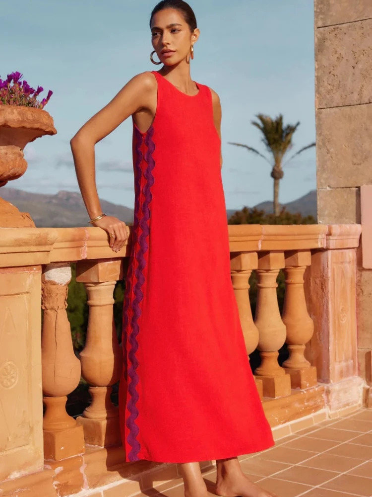 Summer Fashion Womens Beach Vacation Style Solid Color Elegant Dress Bohemian Spliced Sleeveless Sexy Robe 250807