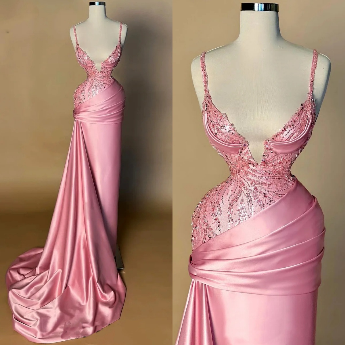 Classic Evening Dresses For Women Sweetheart Neck Spaghetti Straps Sleeveless Pleat Gown Sequins Sweep Train Dress Party Customized Dress