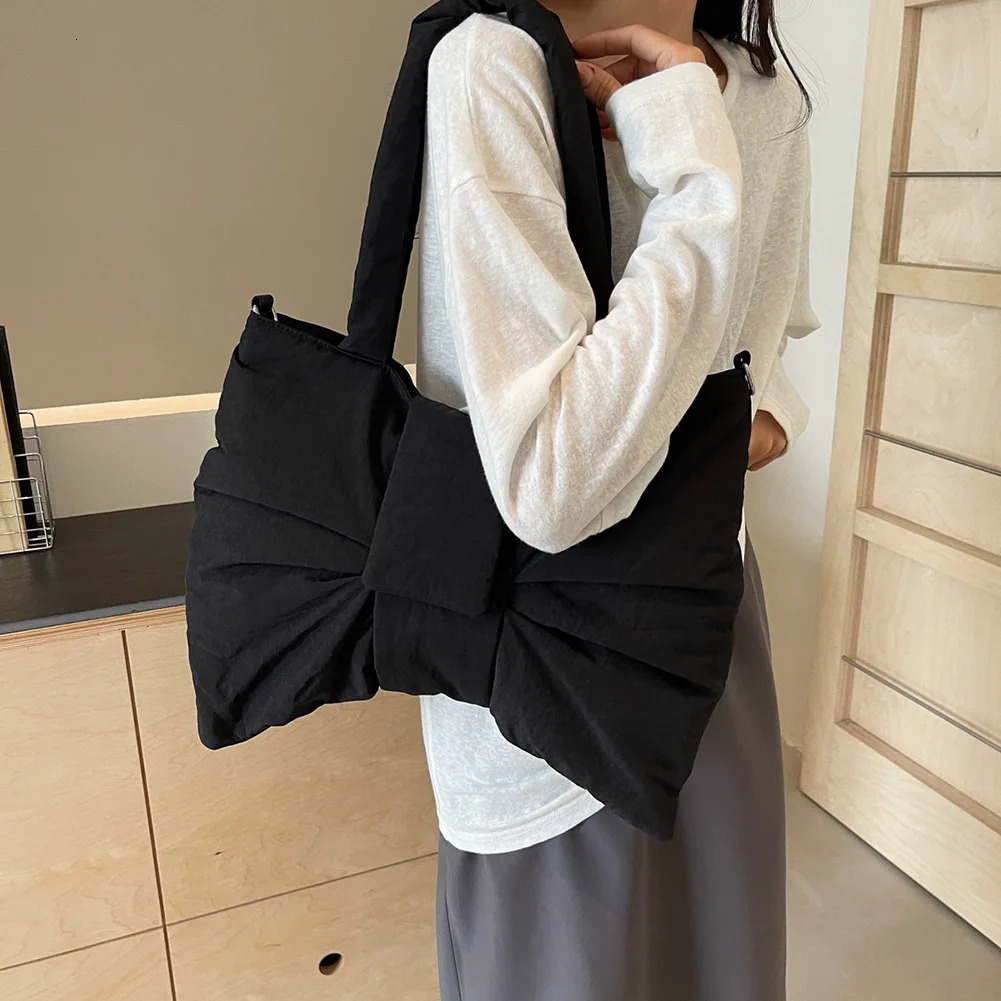 Nylon Puffer Shoulder Bag Women Bowknot Tote Bag Adjustable Strap Female Puffy Handbags Purse Causal Crossbody Messenger Bag 250807