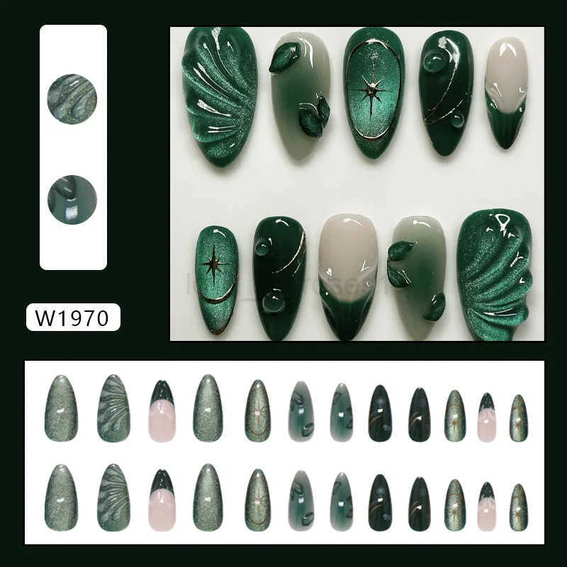 24pcs French Almond Press-on Nails Retro Green Cat Eye Fake Nail Tips Detachable Wearable Sweet Cool Spice Girl False Nails Z250807
