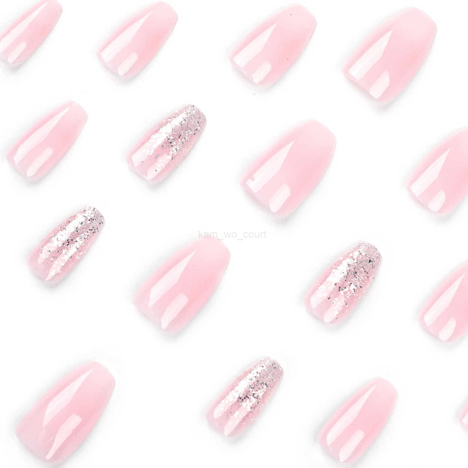 24 PCs Short French Minimal Gradient Glitter Nails with 1 Jelly Gel and 1 Nail File M250807