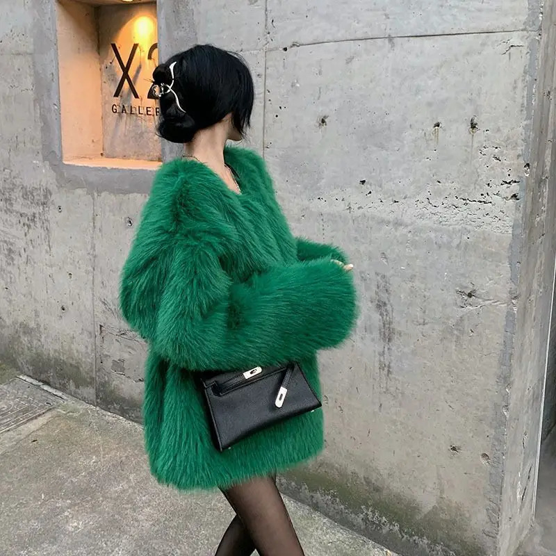 Fluffy Oversized Sweater Autumn Winter Womens Clothing Y2k Streetwear Mink V-neck Soft Pullover Jumper Loose Long Sleeve Tops 250804