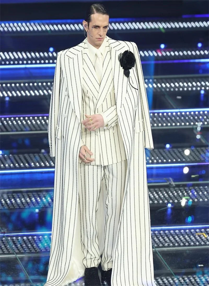 White Pinstripe Men Suits 3 Piece Long OvercoatBlazerPants Wedding Tuxedos Coat Custom Made Formal Office Jacket Trousers 250807