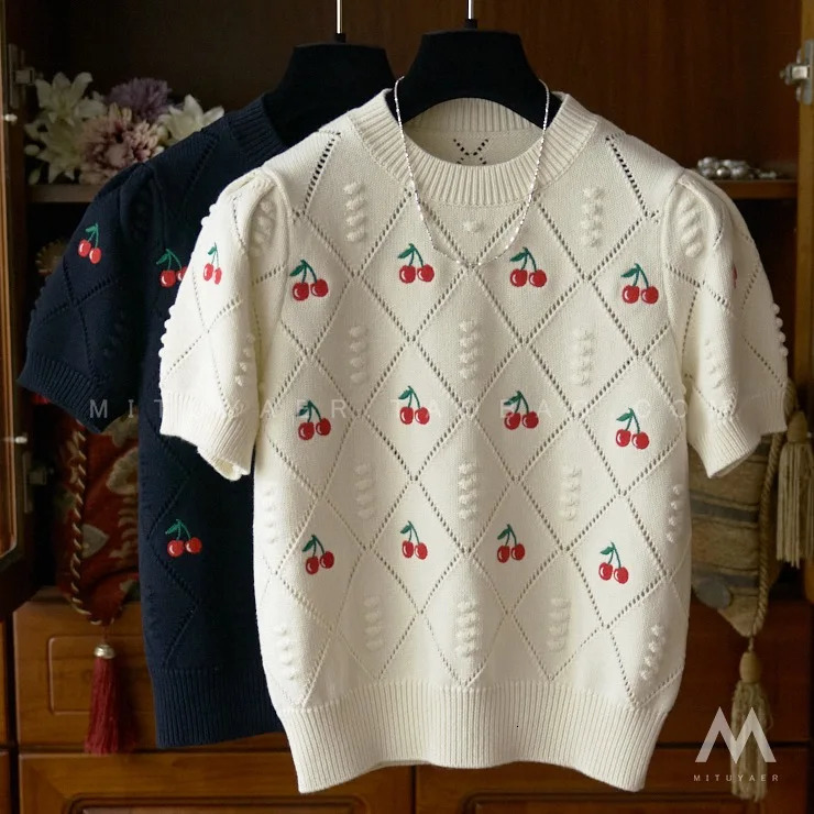 Summer Embroidery Short Sleeve Sweater Women T-Shirt Harajuku Streetwear O- Neck Casual Loose Slim Soft Knit Tops Pullover 250806