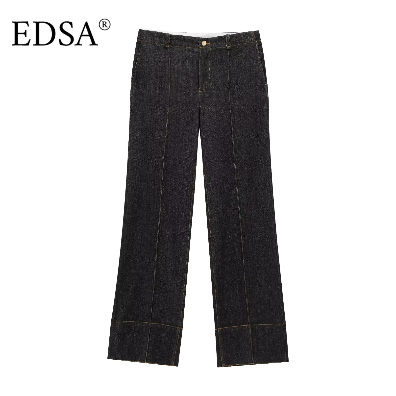 EDSA Women Black Denim Pants Set Fitted Shirt with Patch Pockets Pintuck Straight Leg Jeans Long Suit 250729